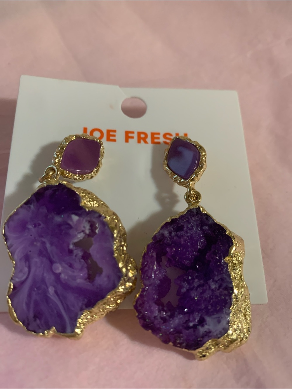 Joe Fresh Purple Geode Drop Earrings with Gold Trim